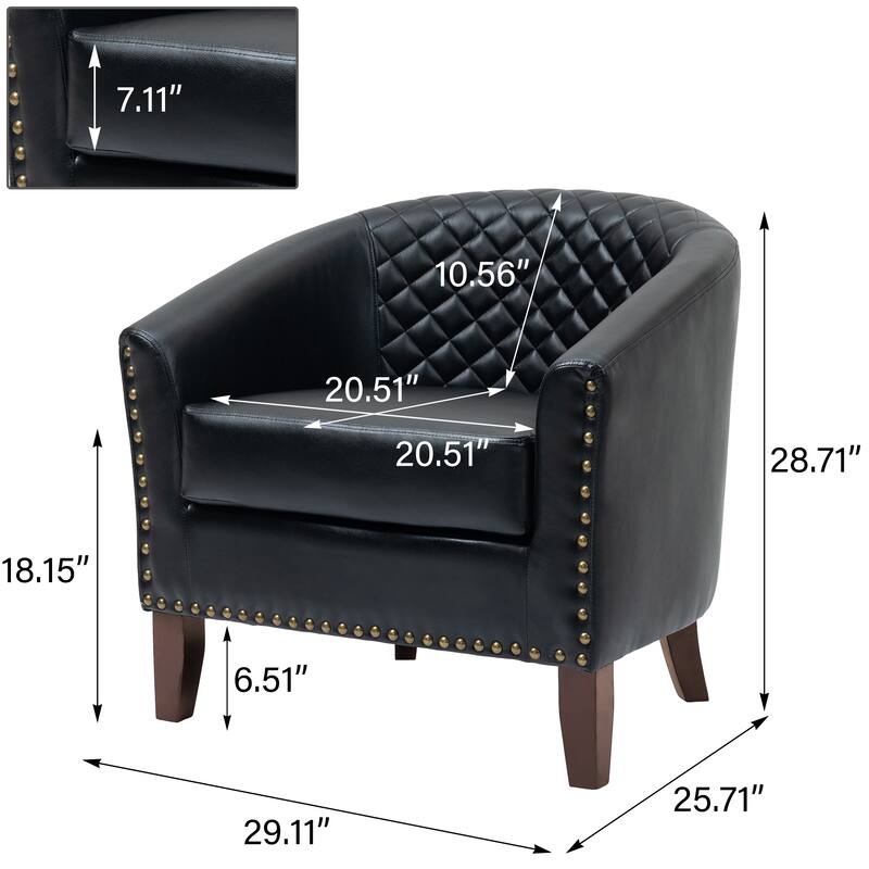 2 Set 29" W Vegan Leather Barrel Accent Chairs with Nailheads Trim