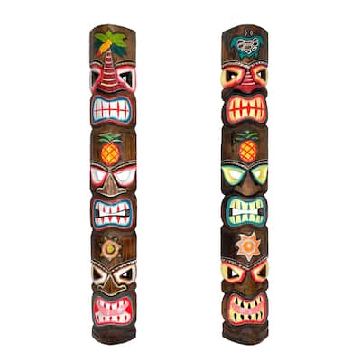 Set Of 2 Triple-Faced Tiki Wall Sculptures Palm Tree, Sun & Sea