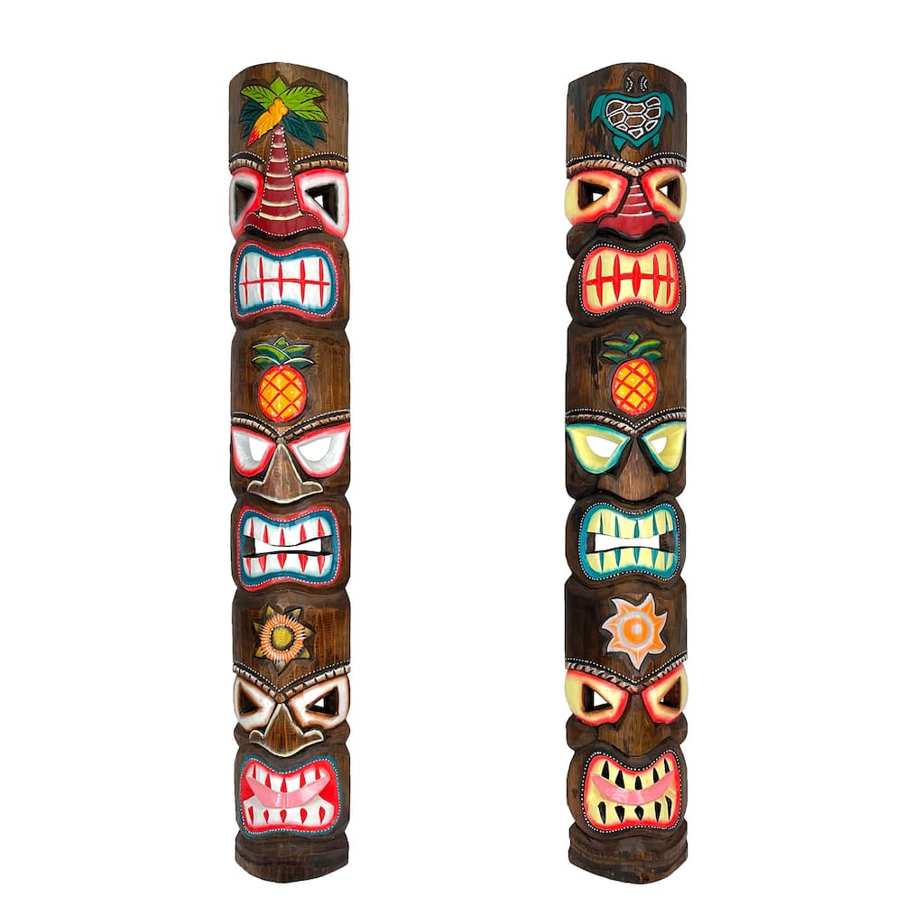 Set Of 2 Triple-Faced Tiki Wall Sculptures Palm Tree, Sun & Sea