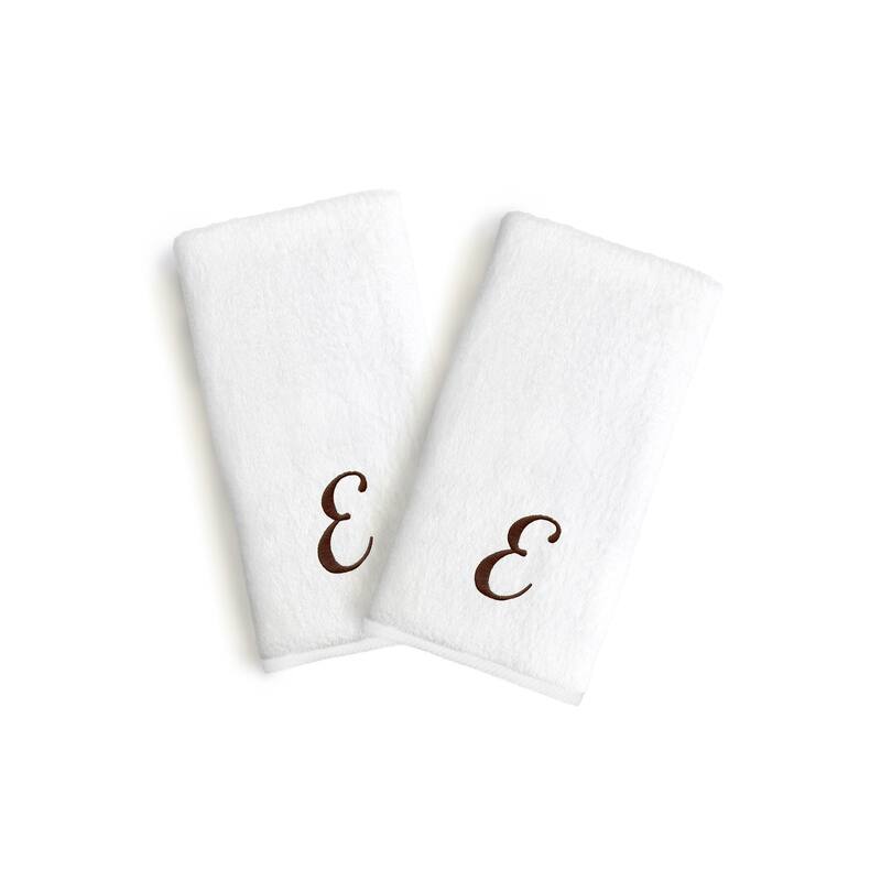 Authentic Hotel and Spa 2-piece White Turkish Cotton Hand Towels with Brown Script Monogrammed Initial - White/E