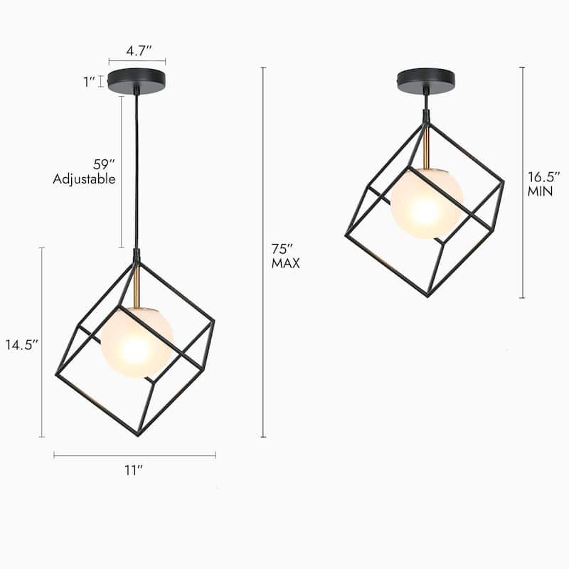 Modern Farmhouse 1-Light Black Gold Cage Kitchen Island Pendant Lights with Globe Frosted Glass - 11" L x 11" W x 14.5" H