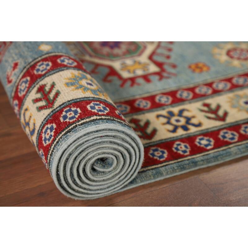 Light Blue Kazak Oriental Runner Rug Hand-Knotted Wool Carpet - 2'11" x 13'9"