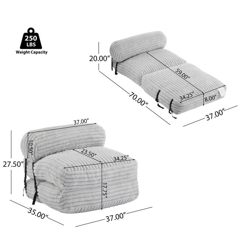 Roomfitters Latina Indoor Foldable Bean Bag Lounge Chair Bed with Neck Pillow, Light Grey Faux Fur