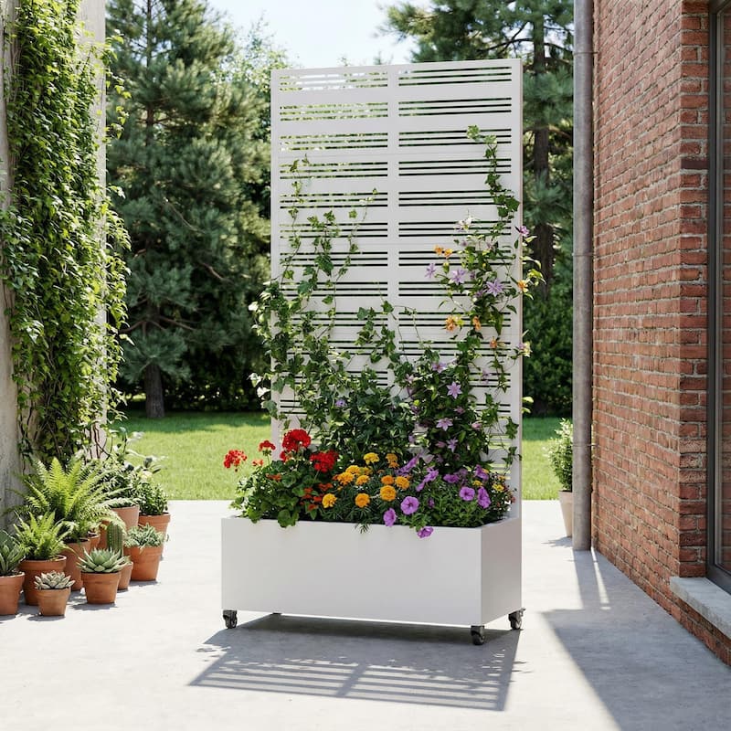 Outdoor Metal Galvanized Privacy Screen Planter Box with Trellis Lockable Wheels - 72"x35" - White-Rectangle