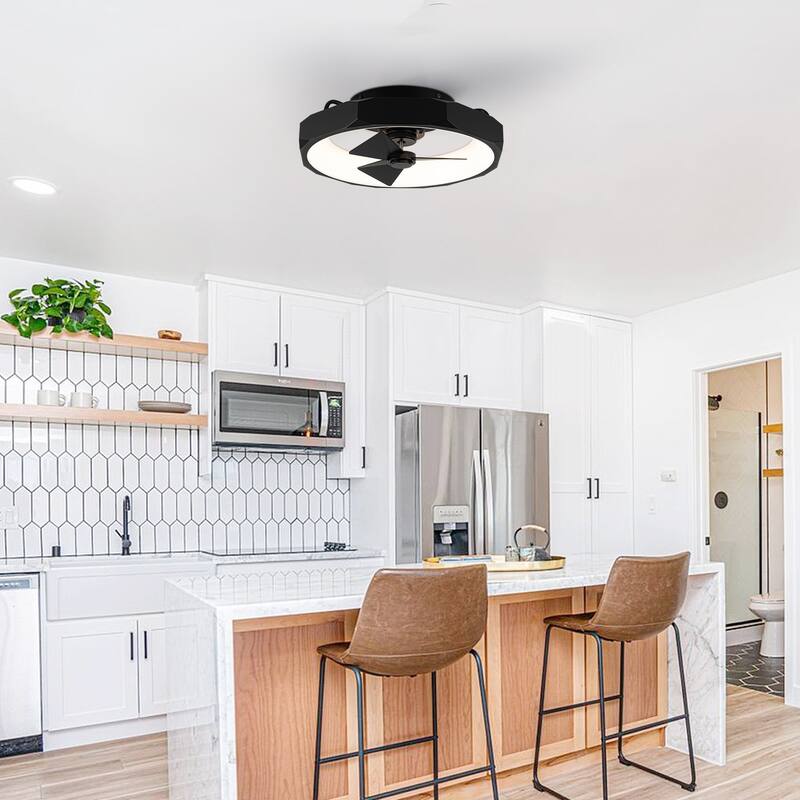 19" Modern Black Flush Mount Small Ceiling Fan with LED Light and Remote