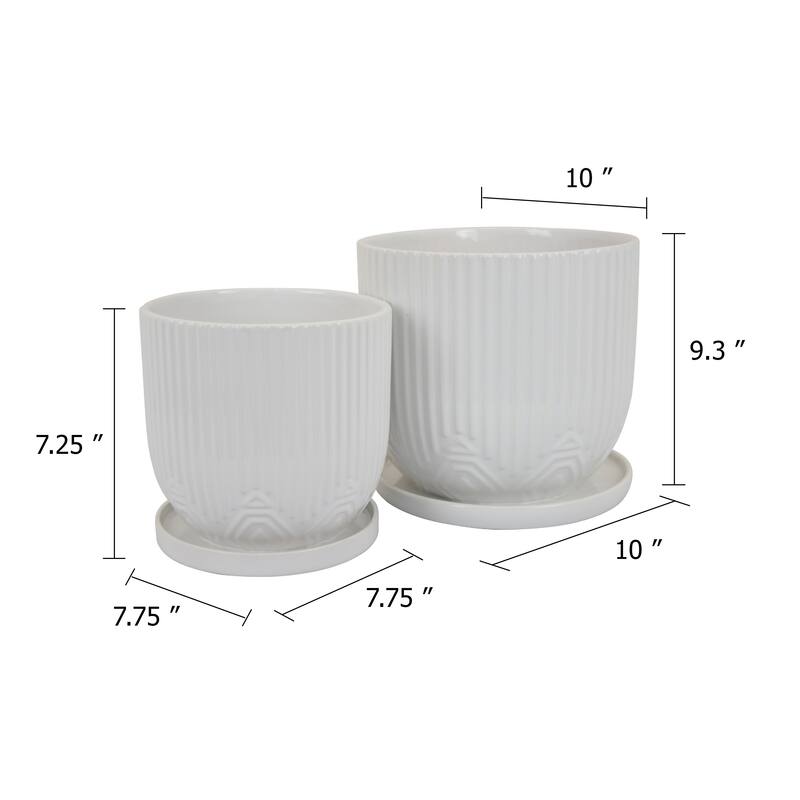 Set of 2 Elegant White Ceramic Planters Ribbed Design Geometric Base