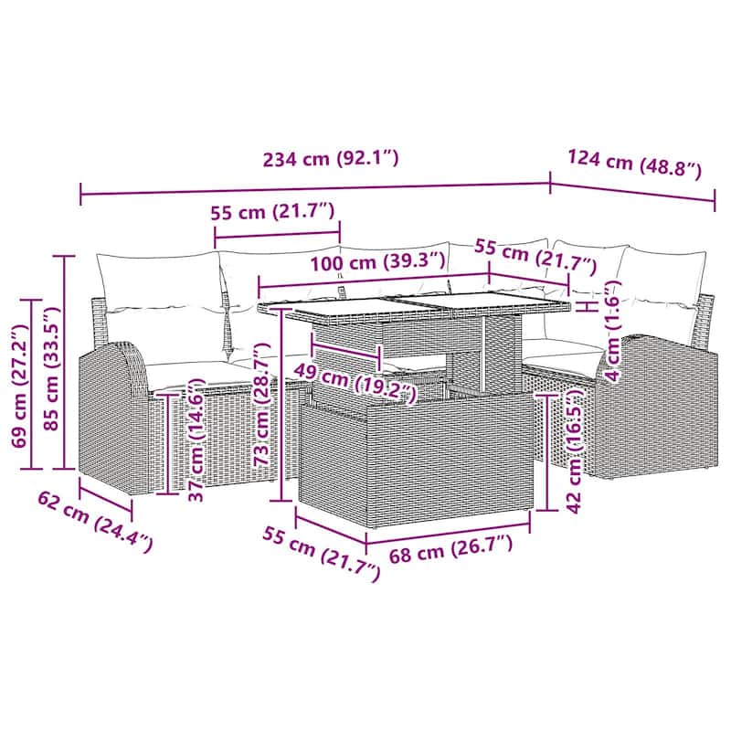 vidaXL 6 Garden Sofa Set with Cushions Black/Brown/Grey Poly Rattan - 92.1 x 48.8 x 27.2
