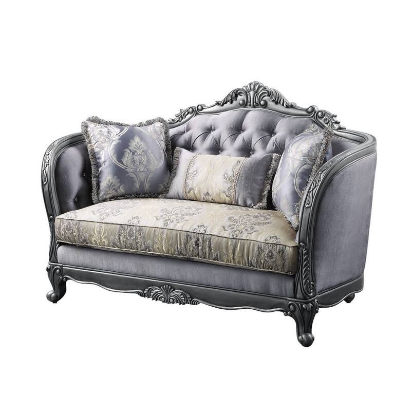 HomeRoots 65" Gray And Platinum Silk Blend Loveseat and Toss Pillows