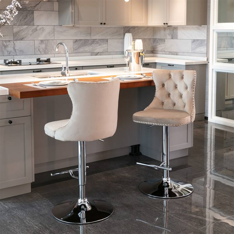 2 Piece Adjustable Swivel Velvet Upholstered Barstool with Chrome Base