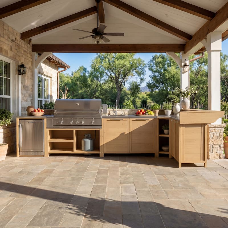 Modular Outdoor Kitchen Cabinet Set 100% Solid Wood Patio BBQ Island with Stainless Steel Countertop