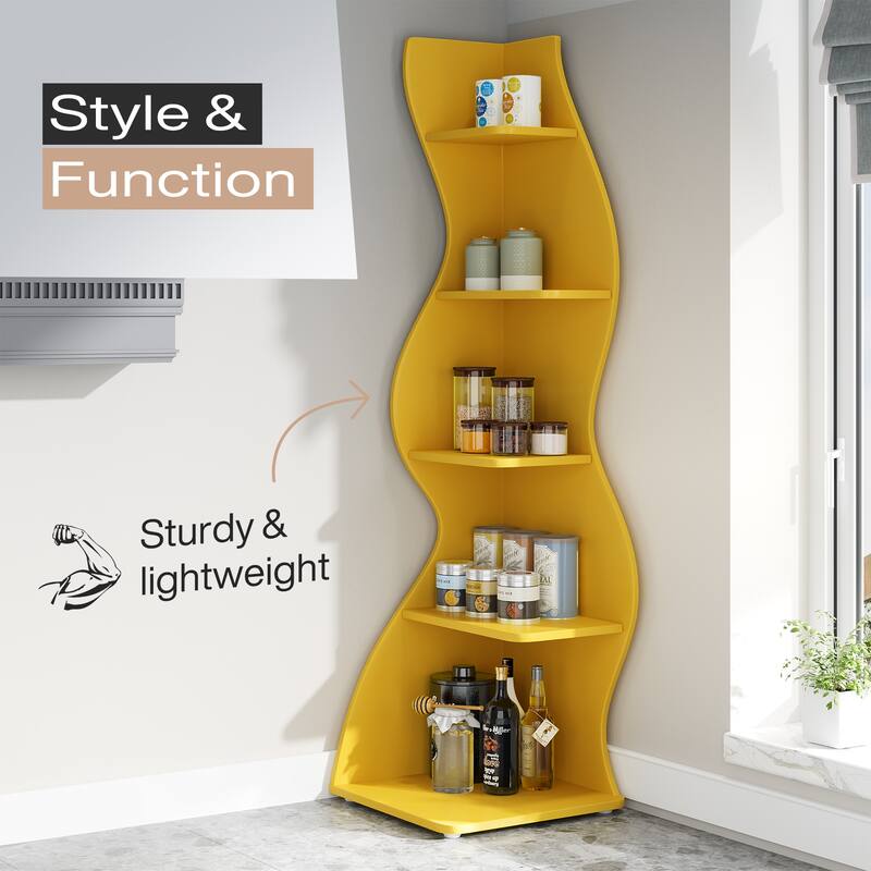 Modern Wood Corner Shelf, 5-Tier Bookshelf Bookcase for Living Room
