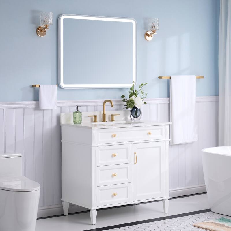 35''H Solid Wood Bath Vanity With Carrera White Quartz Top and Sink