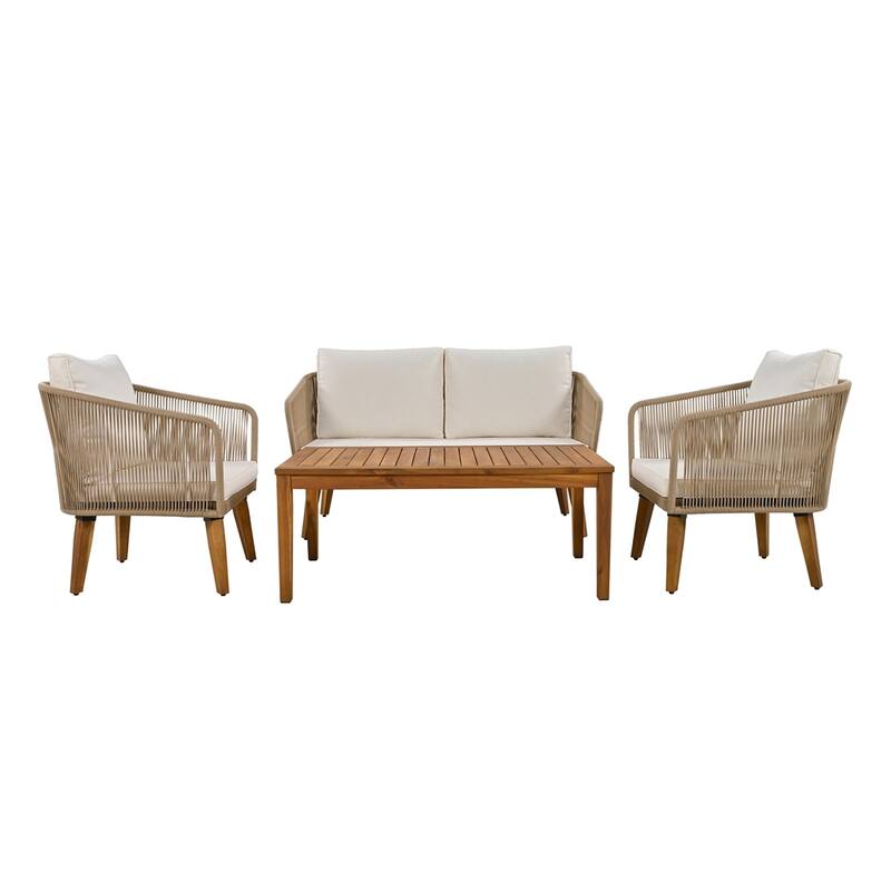 4-Piece Patio Conversation Set with Cushions and Solid Wood Loveseat