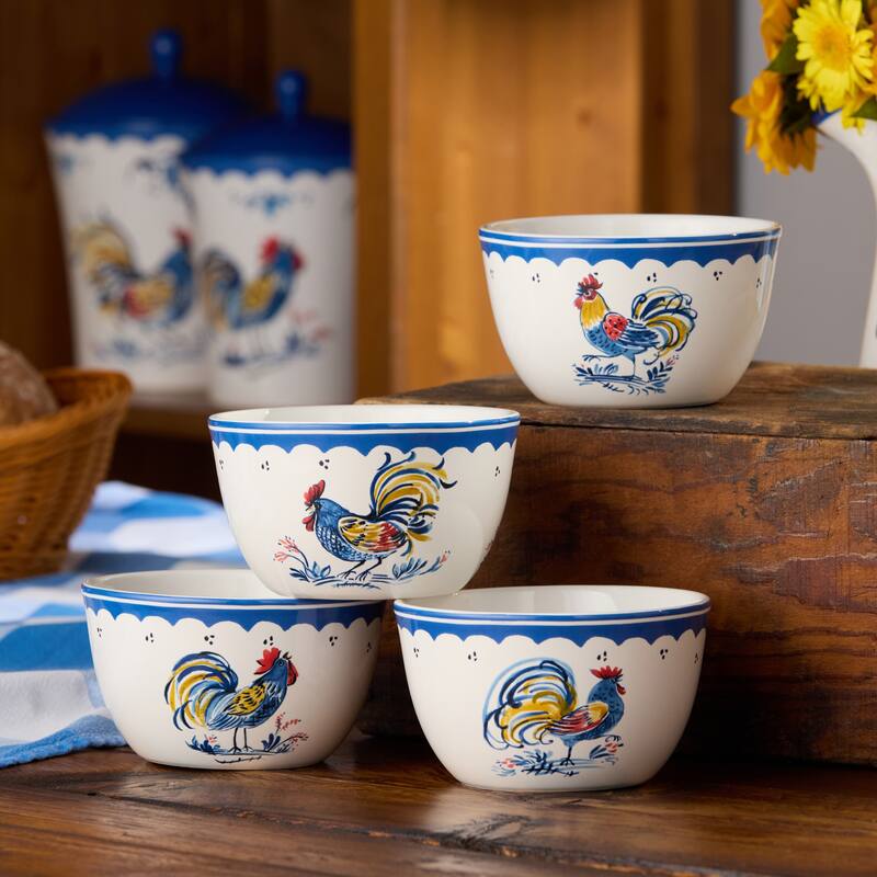 Certified International French Rooster 5.25" Ice Cream/Dessert Bowls, Set of 4 Assorted Designs - 5.25"L x 5.25"W x 3.00"H