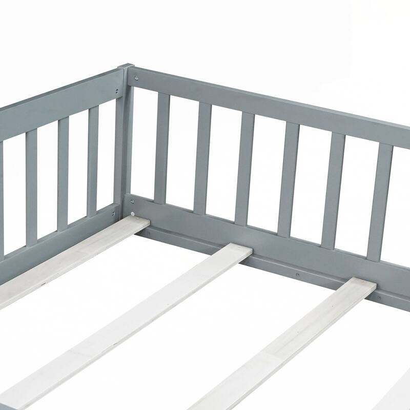 Rubber Wood Floor Bed with Safety Guardrails