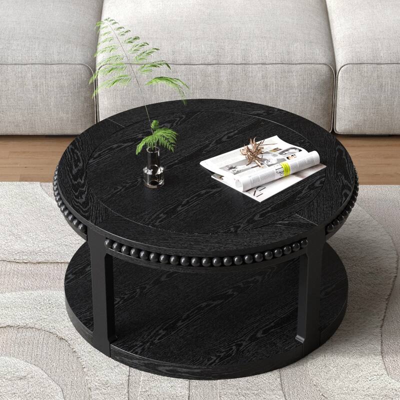 31.5" Round Solid Wood Coffee Table - Two-Tier Thickened Top, Sturdy Legs, Sofa or Living Room Table
