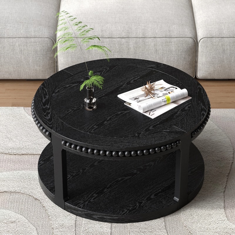 31.5 inch Round Solid Wood Coffee Table Two Tier Thickened Top Sturdy Legs Living Room Walnut