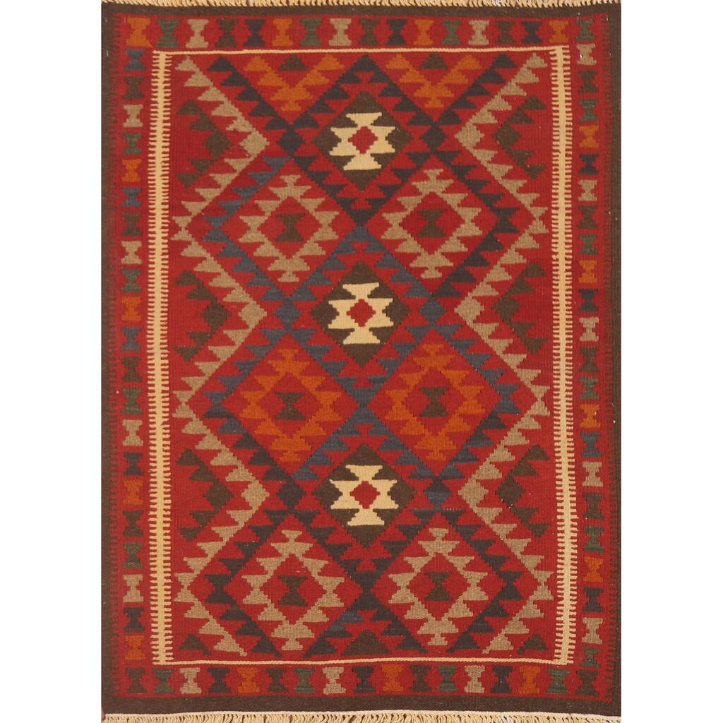 Geometric Kilim Area Rug Reversible Flat-weave Wool Foyer Carpet - 3'6" x 4'11"