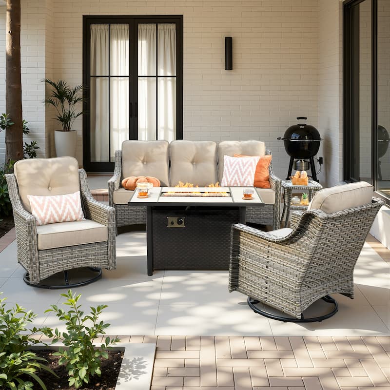 HOOOWOOO 5-piece Wicker Outdoor Furniture Swivel Chairs Set with Fire Pit - Beige