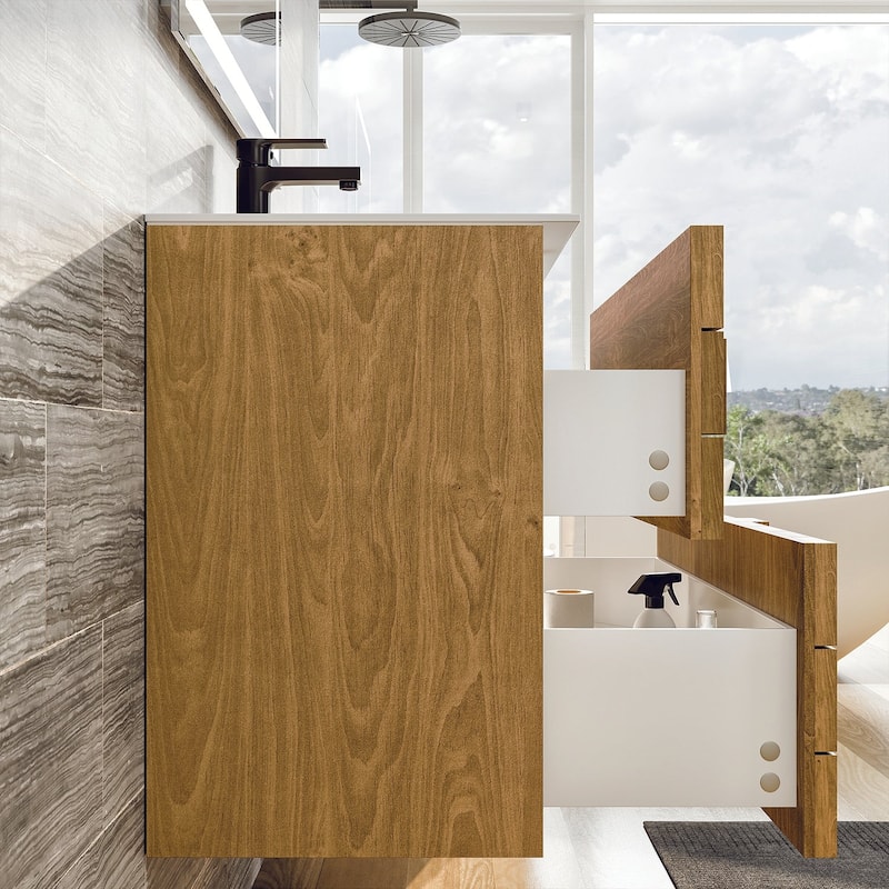 Mosaic 33"W Natural Oak Wall Mount Bath Vanity with Solid Surface Top