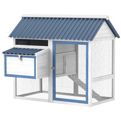 PawHut 55.5" Chicken Coop, Wooden Hen House with Run Box, Nesting Box, Removable Tray, Ramp, White