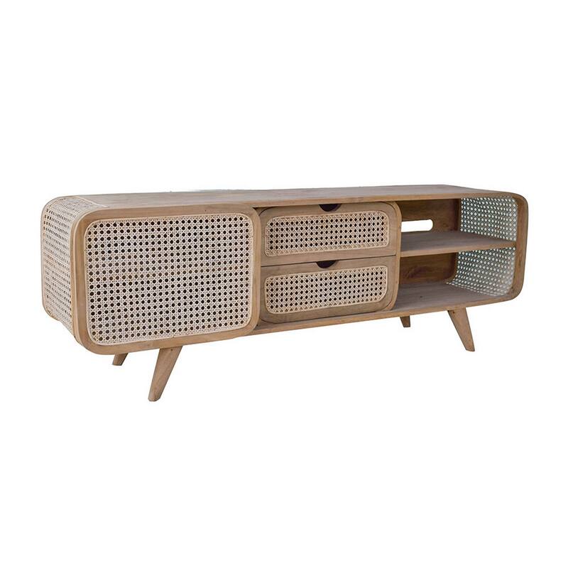 59 Inch TV Entertainment Console, Sliding Doors, Teak Wood, Rattan, Brown