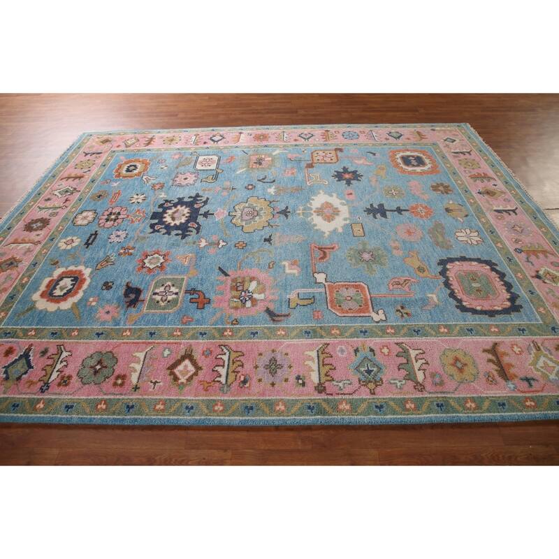 Light Blue & Pink Oushak Oriental Area Rug Wool Carpet - 7'10"x 9'9"