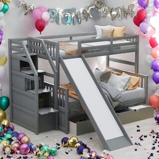 Twin Over Full Bunk Bed With Drawers,Storage And Slide for Bedroom