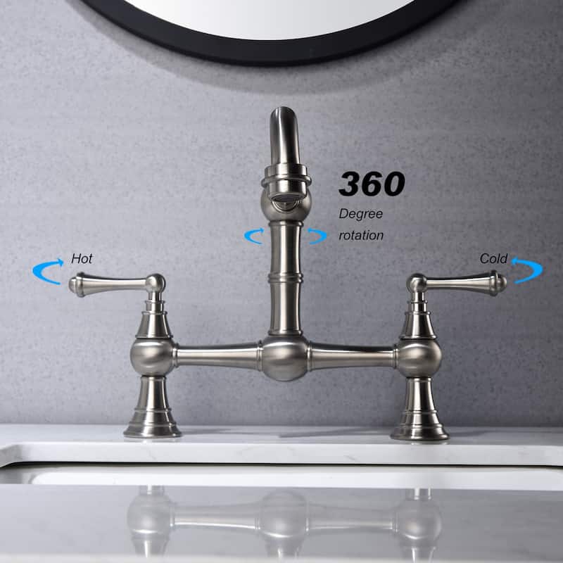 Double Handle Bridge Widespread Kitchen Faucet in Brushed Nickel