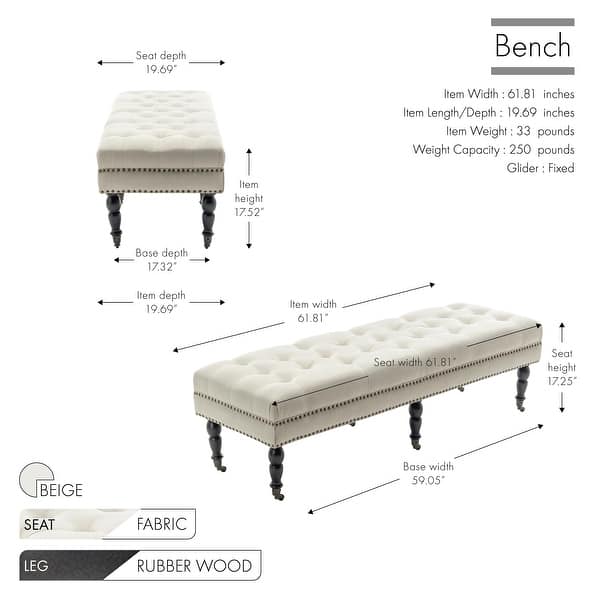 dimension image slide 0 of 2, Porthos Home Juna Fabric Accent Bench with Rubberwood Legs and Wheels
