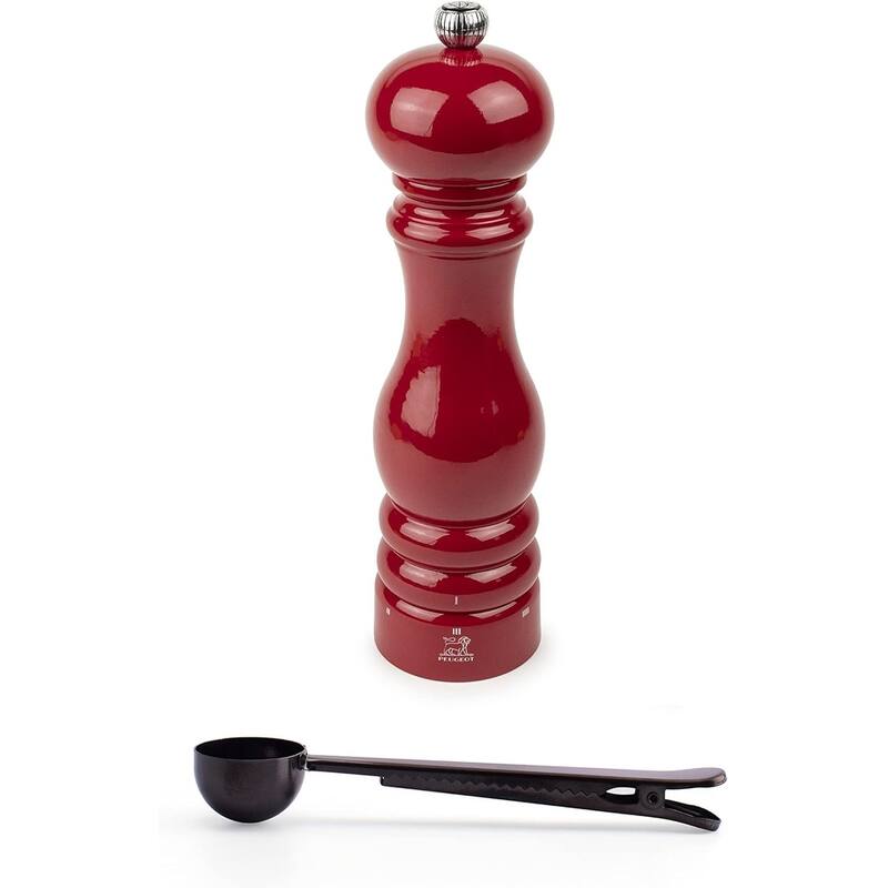 Peugeot Paris u'Select 9-inch Pepper Mill Gift Set, Passion Red - With Stainless Steel Spice Scoop/Bag Clip - Red - 2 Piece