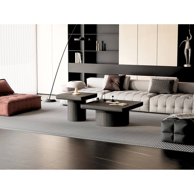 Wood Nesting Coffee Table Set, 2-Piece Coffee Table with Cylindrical Fluted Pedestal, Versatile Nesting Tables for Living Room