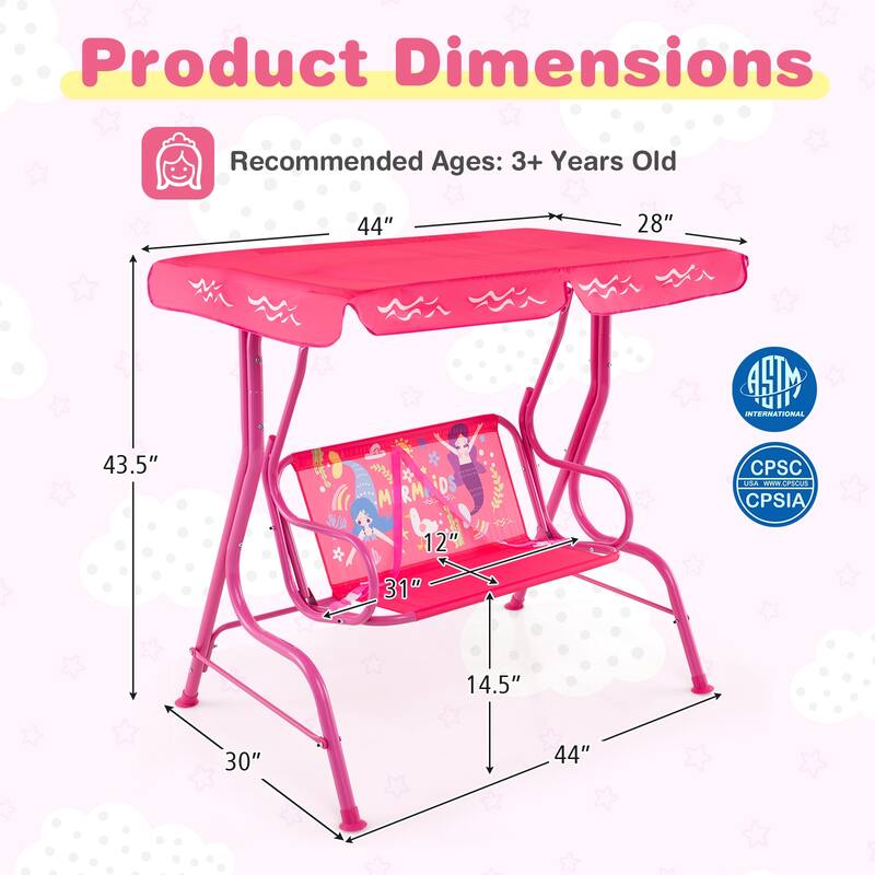 Oxford Cloth Metal Kids Swing with Adjustable Canopy and Safety Belts - 44" L x 28" W x 43.5" H