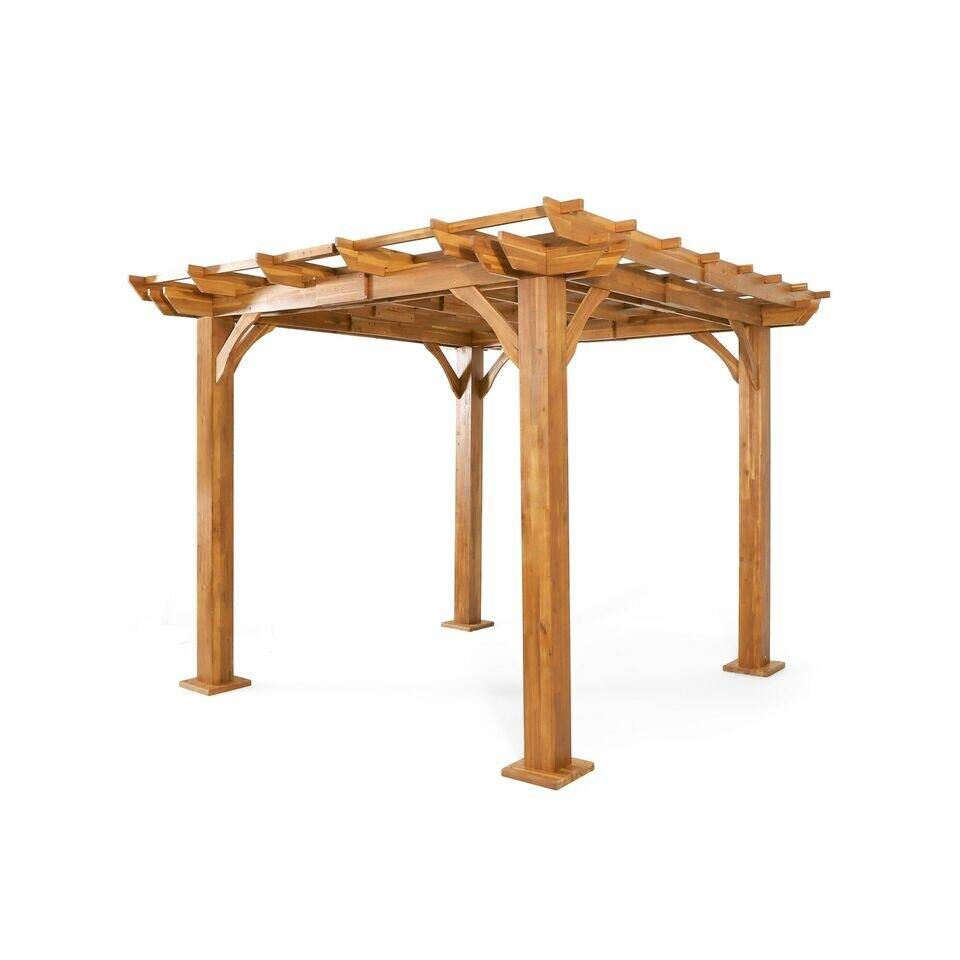 Roomfitters 10 x 10 ft Square Pergola, Sturdy Outdoor Patio Shelter with Open Roof Design, Teak