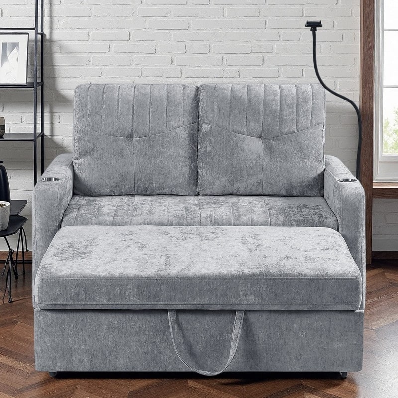 53.9" Chenille Convertible Loveseat with Pull-Out Bed, 3 USB Ports, and Smart Storage - Grey