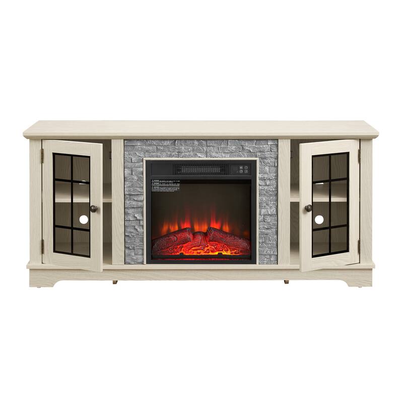 GDFStudio Eulalia Wood 2-Door Storage TV Stand with Faux Stone Mantle