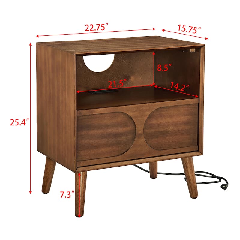Mid Century Nightstand with Charging Station, USB Ports & Drawer, Walnut Finish