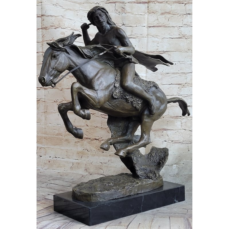Frederic Remington Cheyenne Bronze Statue-Native American Indian On Imitative Horse