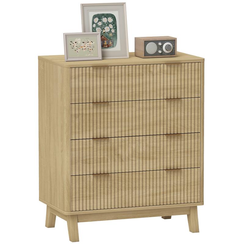HOMCOM Fluted Dresser for Bedroom with 4 Drawers, 28" Wide Chest of Drawers with Gold Finger Pulls and 4 Wood Legs, Natural Wood - Beige