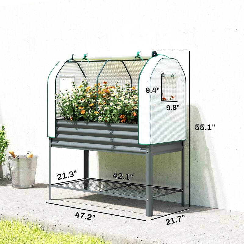 Outsunny Galvanised Raised Garden Bed with Greenhouse Cover, Metal Elevated Garden Bed with Legs, Bed Liner and Bottom Shelf