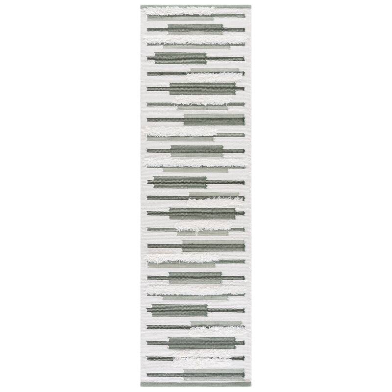 SAFAVIEH Handmade Kenya Herta Striped Wool Rug - 2'3" x 8' Runner - Sage/Ivory