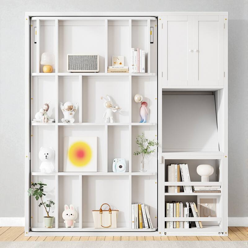 Twin Size Rotating Murphy Wall Bed with Bookshelf, Top Cabinet, Extendable Desk and Side Storage - White - Twin