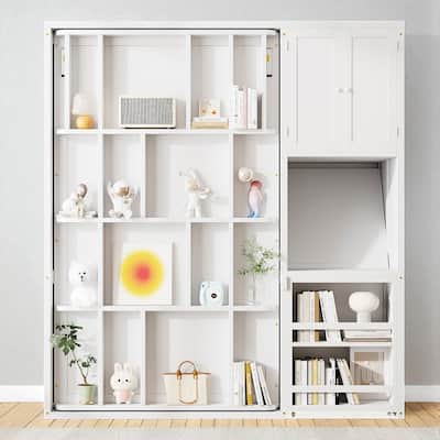 Twin Size Rotating Murphy Wall Bed with Bookshelf, Top Cabinet, Extendable Desk and Side Storage