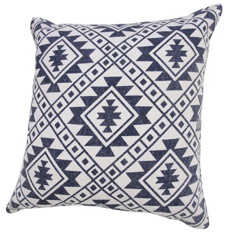 20" White and Blue Hand Woven Geometric Square Throw Pillow