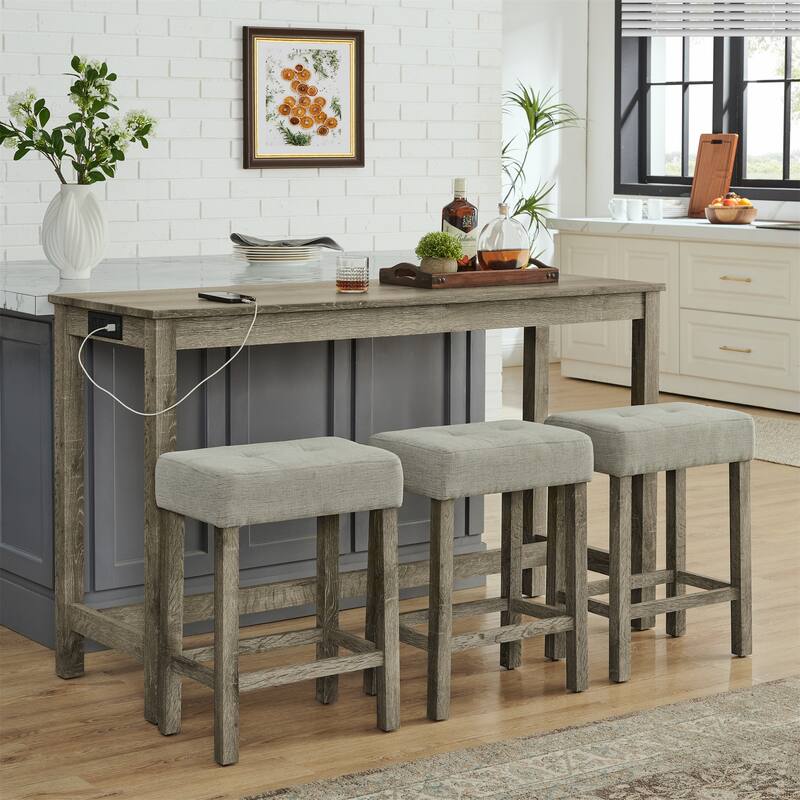 59" Counter Height Bar Table Set with Power Outlet, Industrial Breakfast Table with 3 Stools, 4 Piece Bar Table and Chairs Set