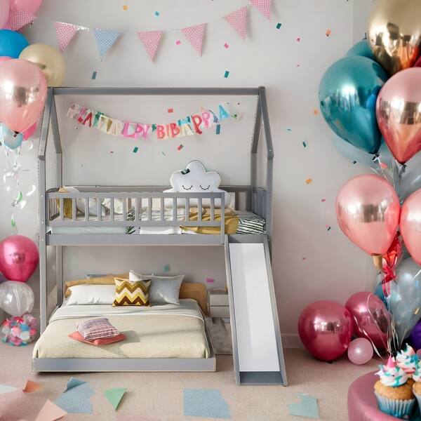 slide 2 of 12, Kid-Friendly Design Twin over Full House Bunk Bed with Slide and Built-in Ladder, Full-Length Guardrail Grey