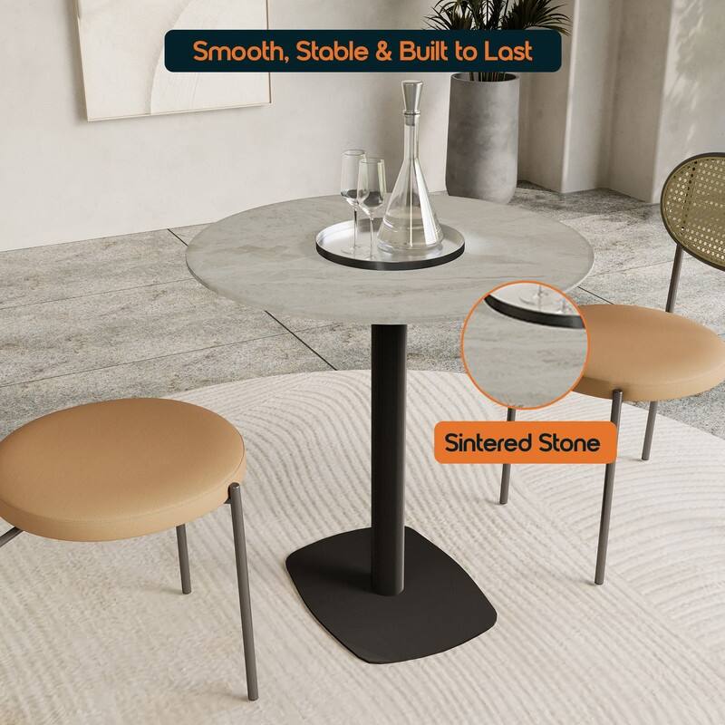 Vail Round Dining Table 36 in. Sintered Stone Tabletop in Black Stainless Steel Square Pedestal Base for Kitchen and Dining Room