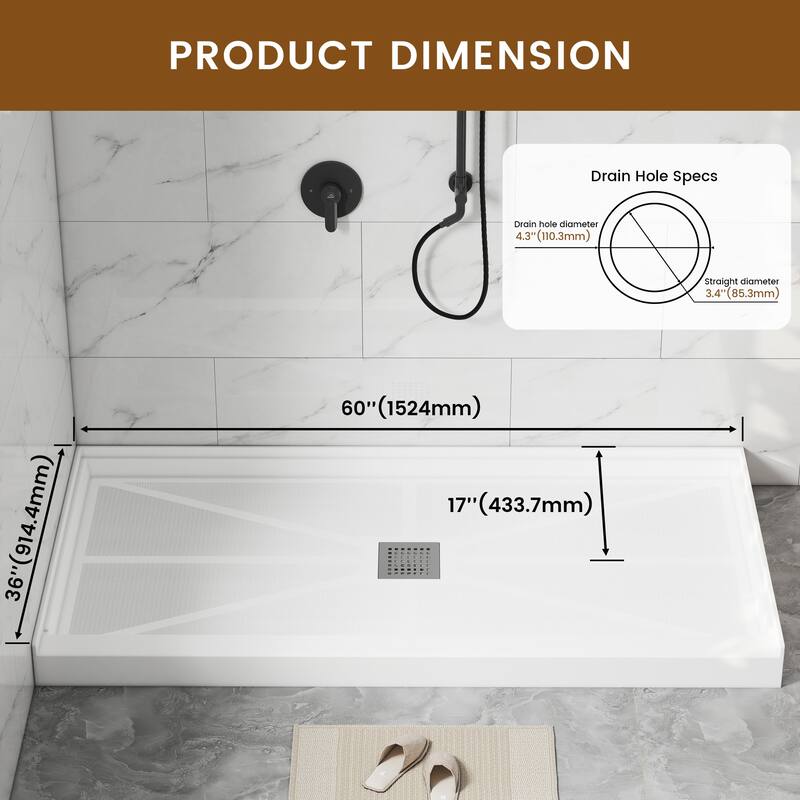 60 in. x 36 in. Elegant White Single Threshold Anti-slip SMC Rectangular Shower Base with Drain and Stainless Steel Drain Cover