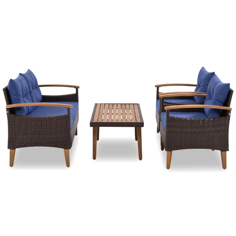 4 Piece Outdoor Sofa Set, All Weather PE Rattan Garden Furniture Set with Acacia Wood Dining Table and Armrest Chairs