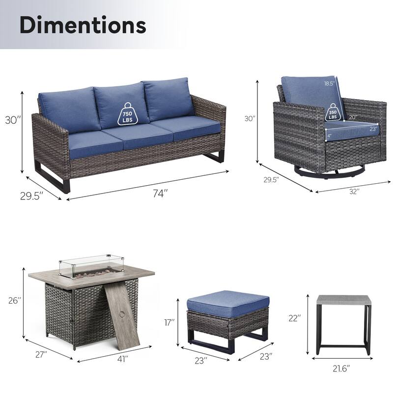 Outdoor Sofa Swivel Chairs Ottomans and Fire Pit Table